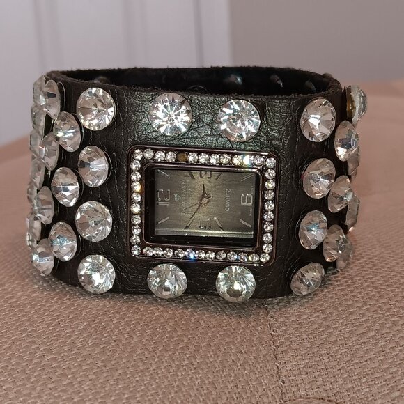 Traci Lynn Tank Watch with Leather Strap / Women's / cubic zirconia black watch - Picture 4 of 4